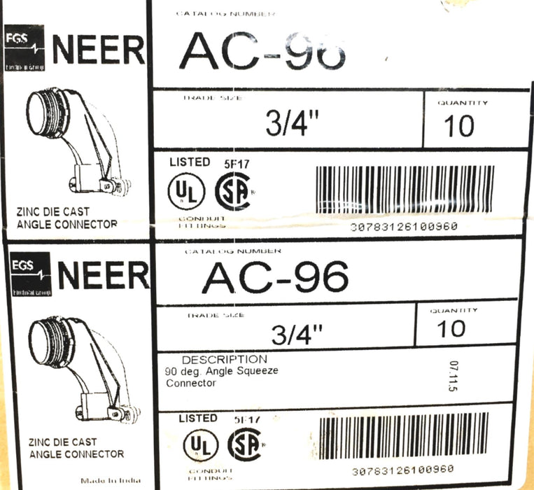 Neer 3/4 Inch 90 Degree Squeeze Connector AC-96 [Lot of 2] NOS
