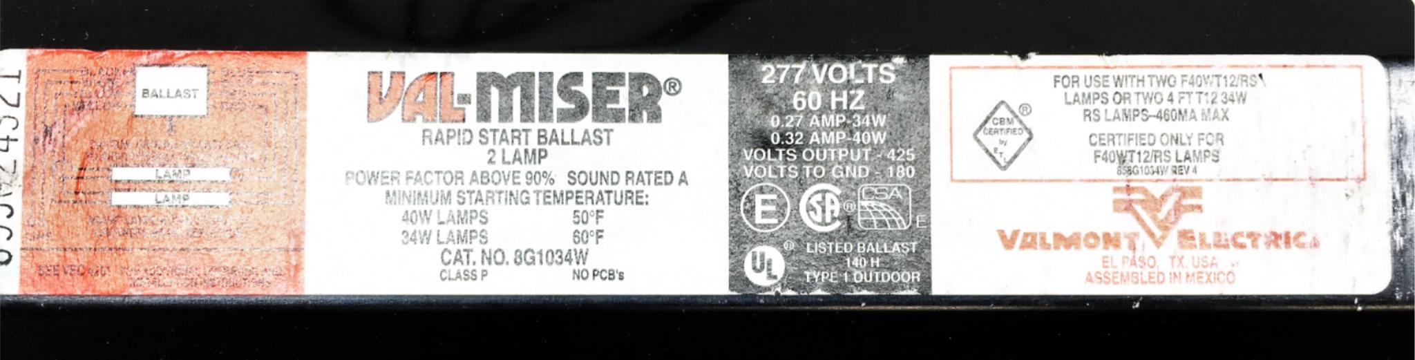 Valmont Electric Fluorescent Lamp Ballast 8G1034W NOS