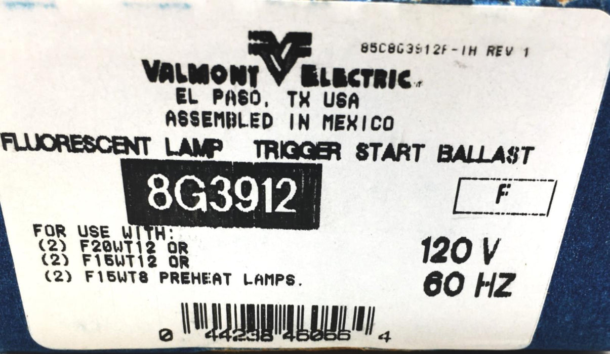 Valmont Electric Fluorescent Lamp Ballast 8G3912F NOS