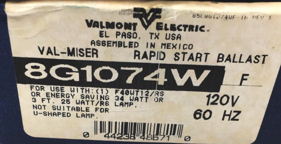 Valmont Electric Fluorescent Lamp Ballast 8G1074W NOS