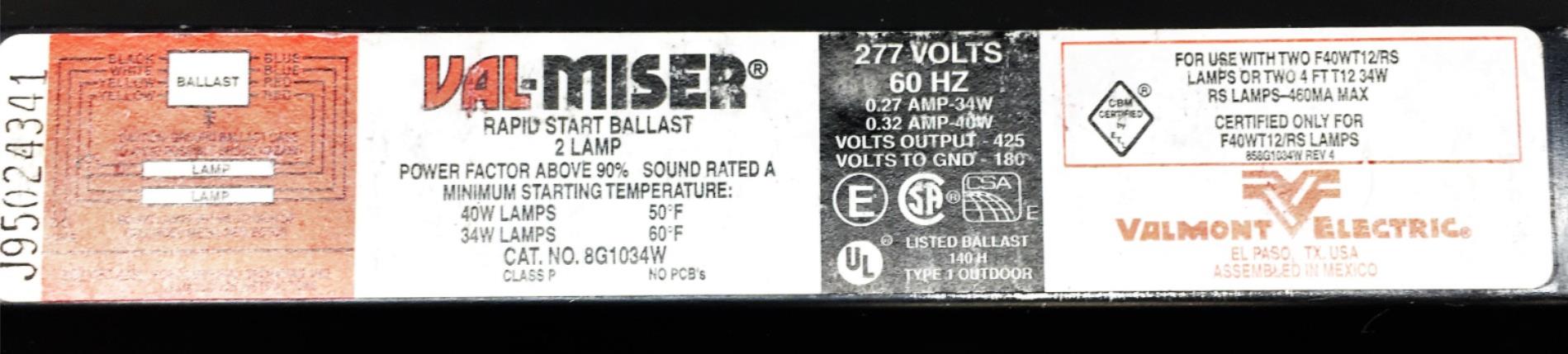 Valmont Electric Fluorescent Lamp Ballast 8G1034W USED