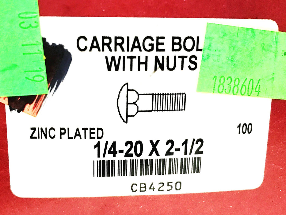 Unbranded 1/4-20 x 2-1/2" Carriage Bolts w/Nuts CB4250 [Lot of 99]