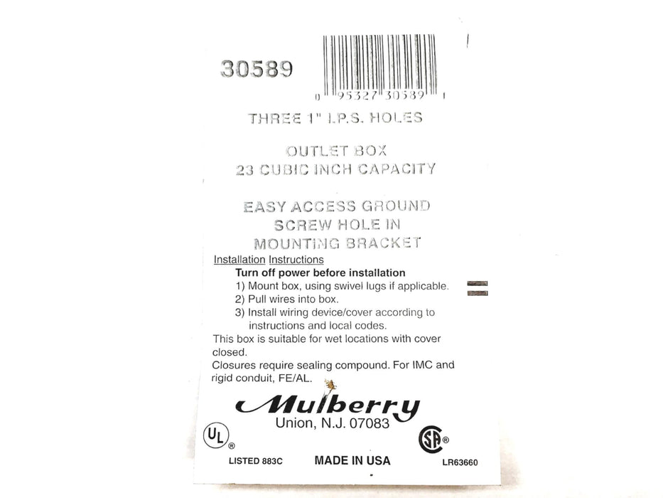 Mulberry 1 Inch 23 CU IN Outlet Box 30589 NOS