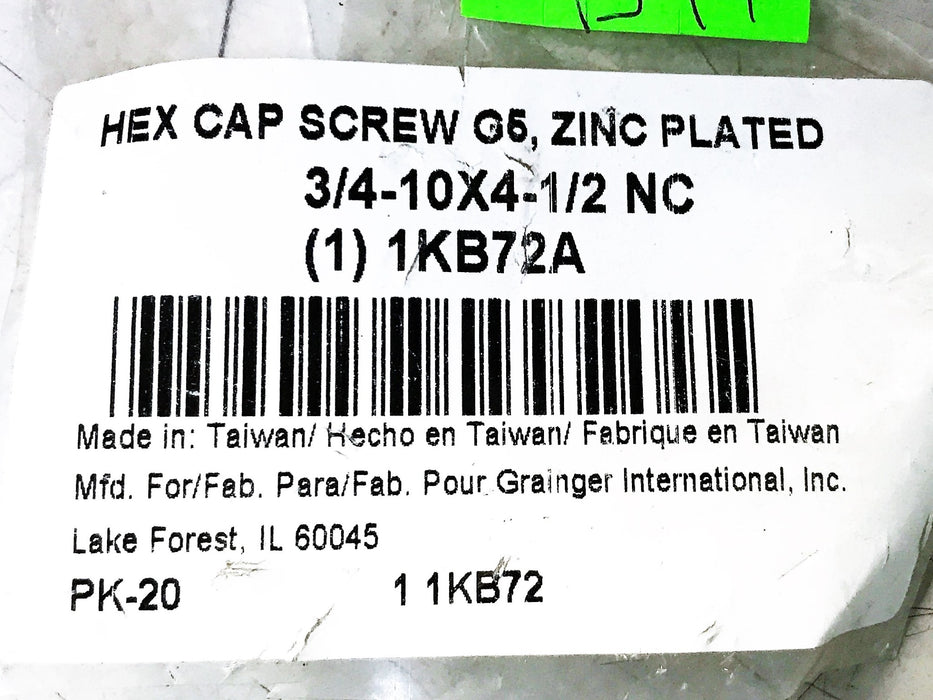 Grainger 3/4-10- x 4-1/2" Hex Cap Screws 1KB72A [Lot of 20] NOS