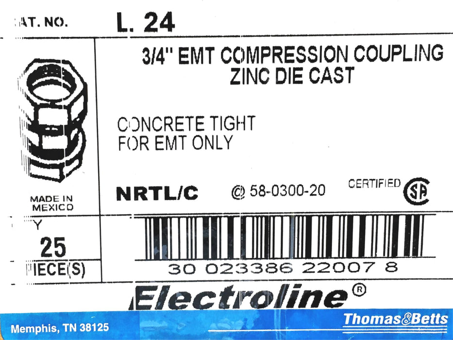 Electroline 3/4 Inch Zinc Die Cast EMT Compression Coupling L24 [Lot of 22] NOS