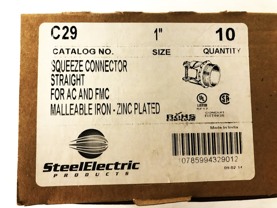 Steel Electric 1" Malleable Iron Straight Squeeze Connector C29 [Lot of 10] NOS