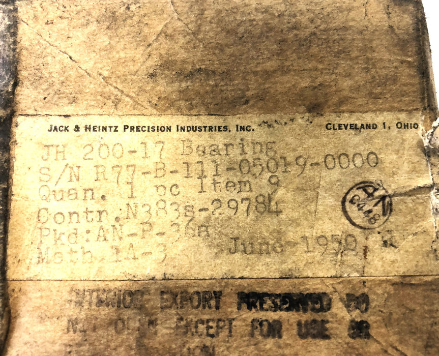 Jack And Heinz Single Row Ball Bearing JH200-17 NOS