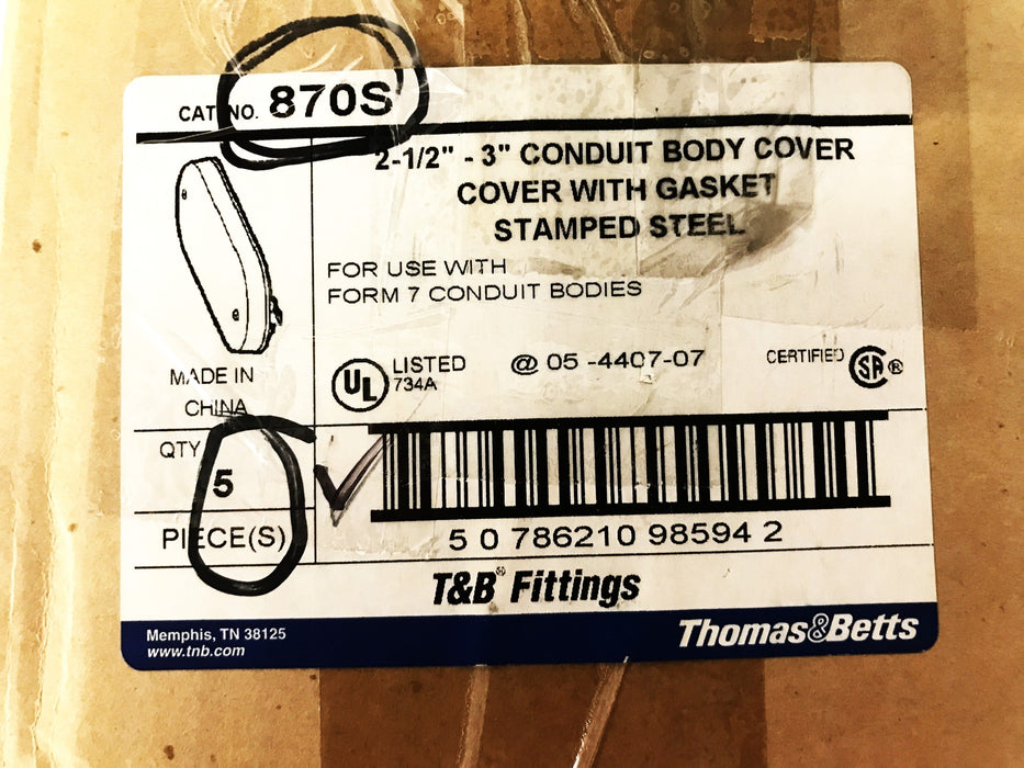 Thomas & Betts 2-1/2" to 3" Conduit Body and Gasket 870S [Lot of 5] NOS