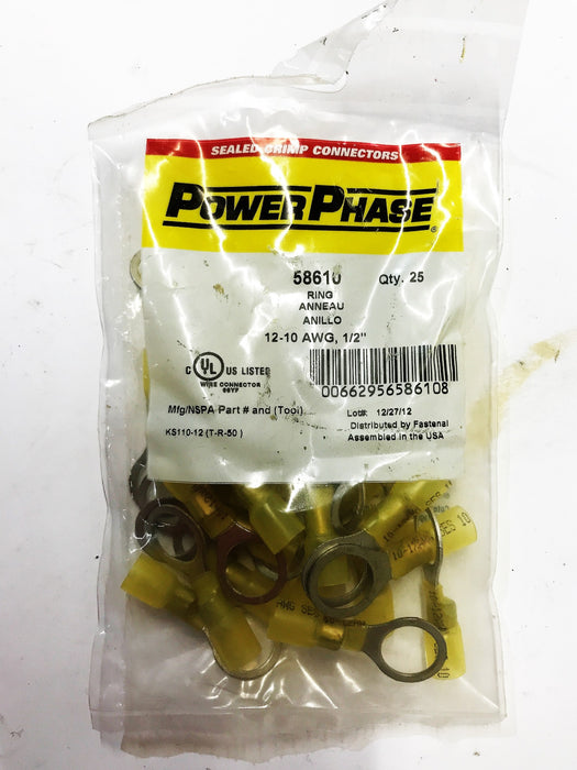 Power Phase 12-10 AWG 1/2" Sealed Crimp Ring Terminal [Pack of 25] 58610 NOS