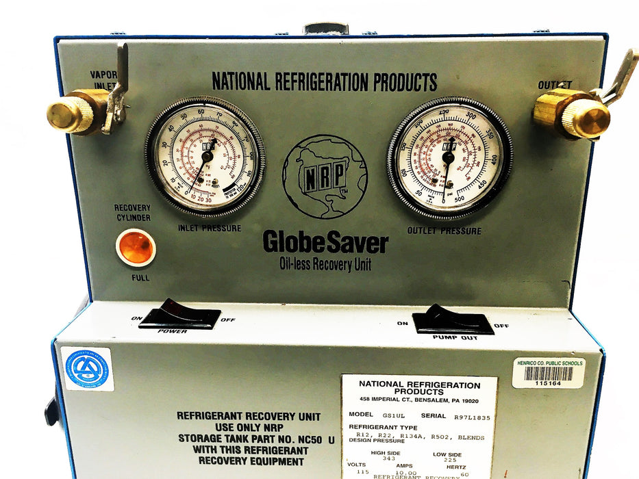 NRP GlobeSaver Oil-Less Recovery Unit GS1UL (R97L1835) USED