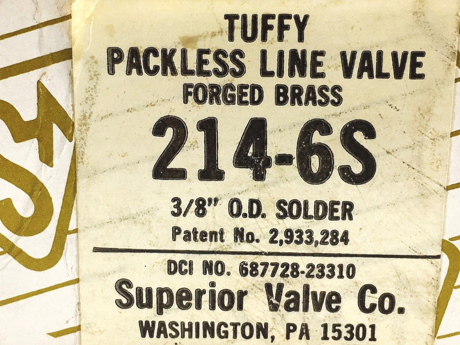 Tuffy 3/8 Inch Forged Brass Packless Line Valve 214-6S NOS