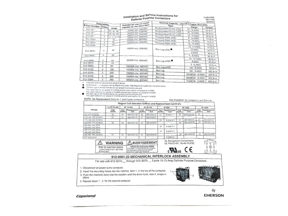 Copeland Auxiliary Contact 1 NO Series A2 912-0001-10 NOS