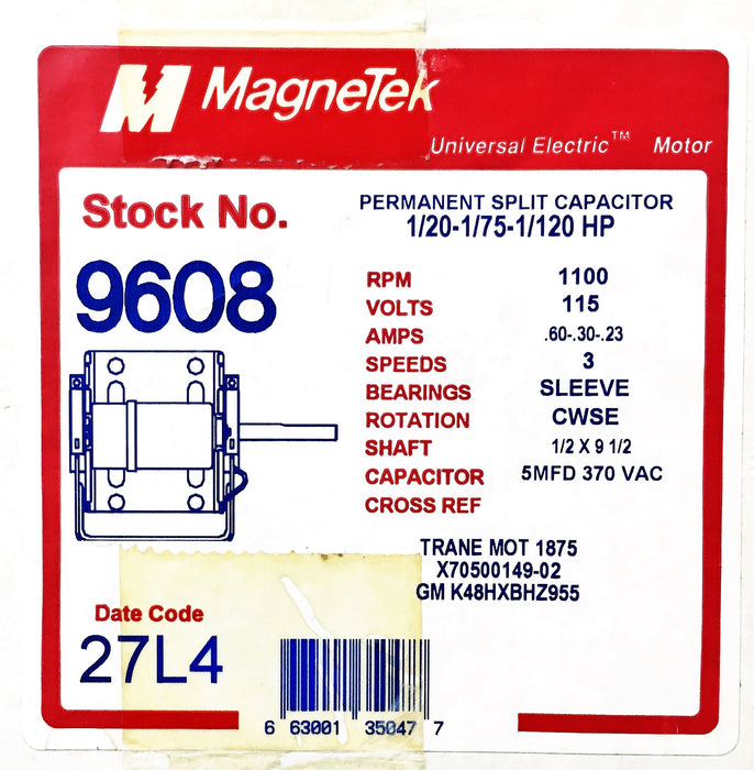 Magnetek 115V 1100RPM Permanent Split Capacitor Fan And Blower Motor 9608 NOS