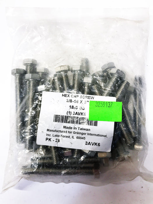 Grainger 3/8-16 x 3" Hex Cap Screw 3AVK6 [Lot of 25] NOS