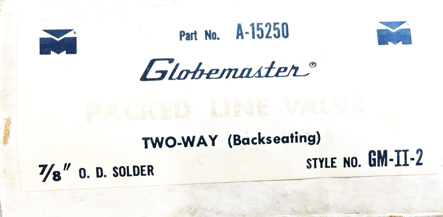 Globemaster 2 Way Backseating Packed Line Valve A-15250 NOS