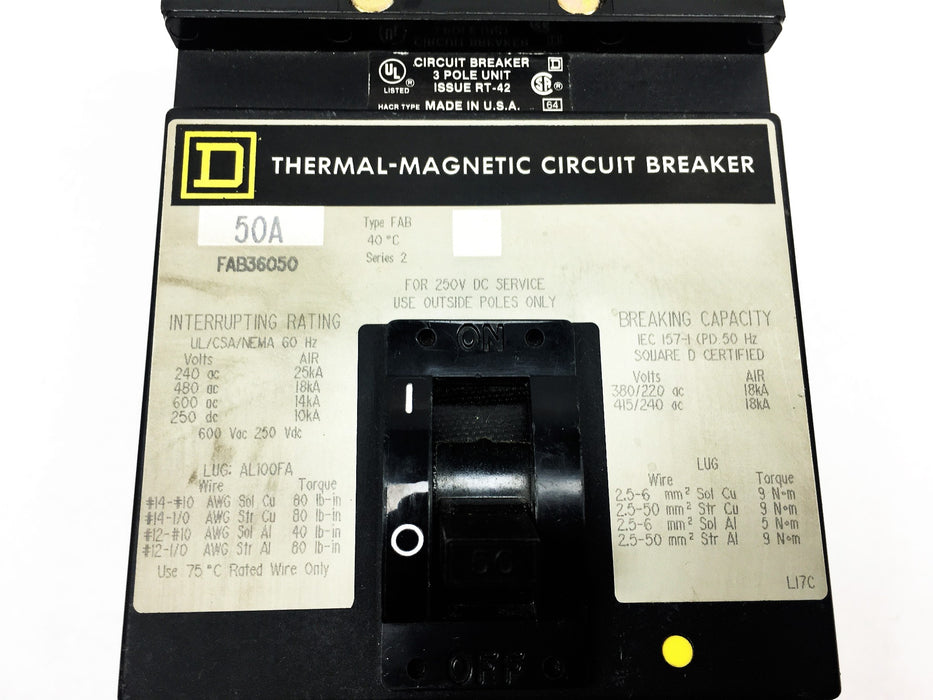Square D 3-Pole 50A 40C Series 2 Thermal-Magnetic Circuit Breaker FAB36050 USED