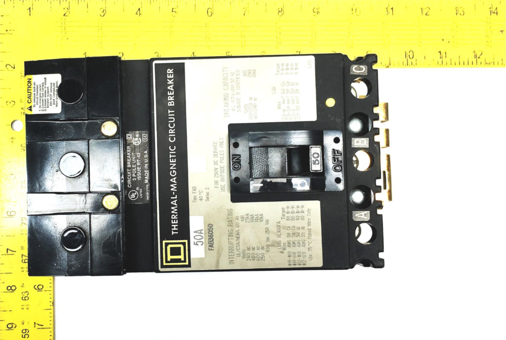 Square D 3-Pole 50A 40C Series 2 Thermal-Magnetic Circuit Breaker FAB36050 USED