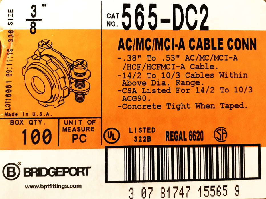 Bridgeport 3/8" Zinc Diecast Two-Screw AC/MC Connector 565-DC2 [Box of 100] NOS