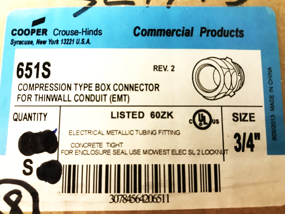 Cooper Crouse-Hinds 3/4" Compression Box Connector 651S [Lot of 38] NOS