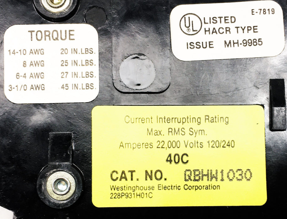 Westinghouse 1 Pole 40C Type B HACR Quicklag Circuit Breaker QBHW1030 NOS