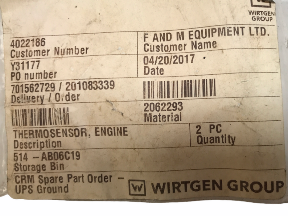 Wirtgen Engine Thermosensor Y31177 NOS